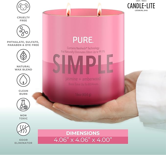 Candle-Lite Pure Jasmine & Amberwood Odor Eliminating Scented Candles, Neofresh Technology Eliminates 99.9% of Odors, 16 oz 2-Wick Jar, Proudly Poured in The USA, Up to 60 Hours Burn Time