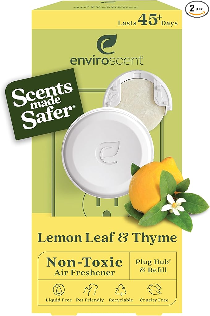 Enviroscent Non Toxic Air Freshener (Lemon Leaf & Thyme) Plug-in Home Fragrance Last 45+ Days | Kit includes 1 Refillable Plug In Warmer & 1 Scent Refill