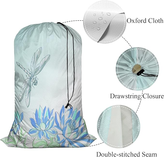 Swono Lotus Flower Laundry Bag with Strap Machine Washable Large Dirty Clothes Organizer Dragonfly Summer Floral Pond Blossom Botany Easy Fit Laundry Hamper or Basket, Carry Up to 4 Loads of Laundry