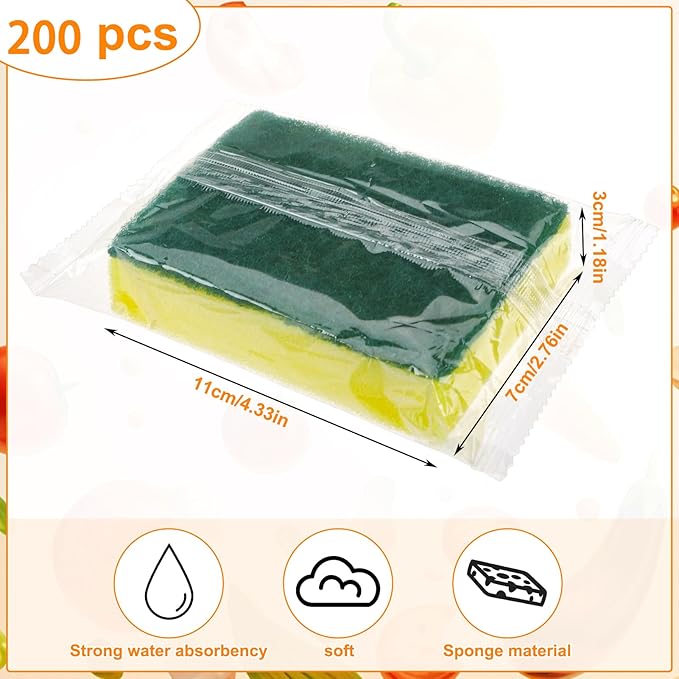 200 Pcs Individually Wrapped Sponges, Uncompressed Non Scratch Scrouing Sponges for Household Cleaning Dishes Kitchen Airbnb Apartment Car Bike Green