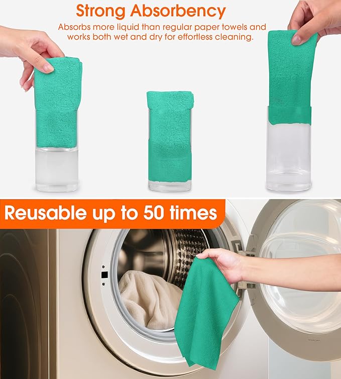 Roll of Microfiber Cleaning Cloth –100 Pack, Tear Away Microfiber Towels, Reusable, Washable, Scratch-Free, Cleaning Supplies,Kitchen Towels for Car, Home, Kitchen (Malachite Green)