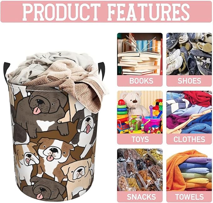 Cute Dogs Laundry Hamper Bag With Waterproof Liner - Cartoon Bulldog Puppy Round Laundry Basket Foldable Clothes Storage Organizer For Bathroom Bedroom Nursery Dorm, M-19.6"X 15.7"