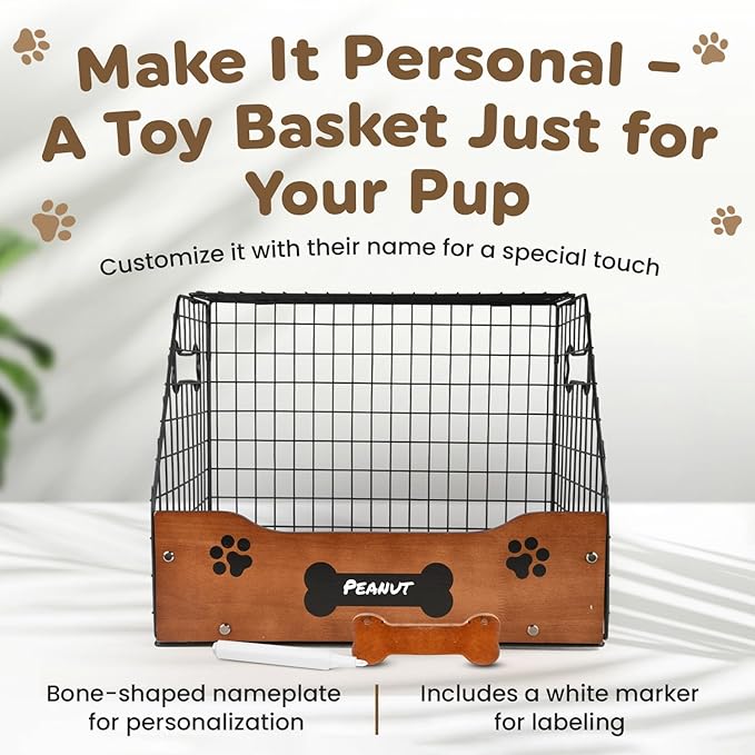Dog Toy Basket Large – Metal & Wood Dog Toy Bin, Trapezoidal Dog Toy Box with Wide Opening, Farmhouse Dog Toy Storage Organizer for Blankets, Leashes & Accessories, Stylish Basket for Dog Toys