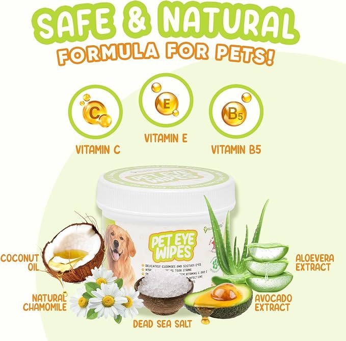 Pet Eye Wipes for Dogs & Cats | Gently Removes Tear Stains, Eye Debris, Discharge, Mucus Secretions | Chamomile Oil Pet Cleaning & Deodorizing Wipes for Eyes & Stains (200 Count)