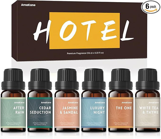 AmaKane Hotel Diffuser Oils, Hotel Scent Essential Oil, Fragrance Oil for Candle Making, Soap Scents for Making Soap, Aromatherapy Oils 6x10ml, Luxury Night, White Tea& Thyme, Jasmine& Sandal, More