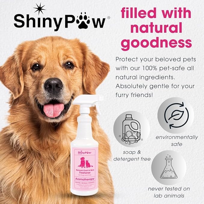 Dog Grooming Spray | Rose Hip, Chamomile & Mint Coat & Skin Freshener 32 oz by Shiny Paw | Dog Odor Spray | Made in the USA