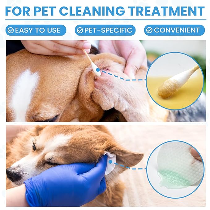 450PCS Dog Ear Cleaning Kit in Storage Box - 6" Long Cotton Swabs for Dogs with Dry Cleaning Pads - Large Cotton Head, Lint-Free, Highly Absorbent, Specially Designed for Use with Dog Ear Cleaner