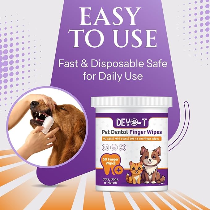 DEVO-T 100% Natural Dog Teeth Cleaning Wipes Unscented | 100 Count | Pet Teeth Cleaning Finger Wipes for Dogs, Cats & Horses | Remove Bad Breath, Plaque & Tartar Buildup | Dog Dental Wipes Finger