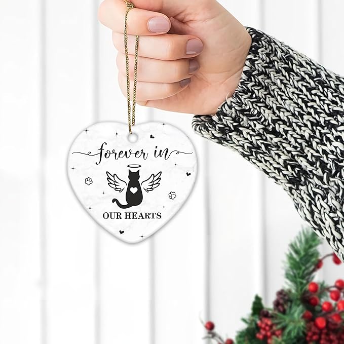 Hyturtle Cat Memorial Heart Ornament - Ceramic Pet Loss Keepsake with Angel Wings - Forever in Our Hearts Remembrance Christmas Ornament for Cat Lovers - 3 Inch Ceramic Hanging Gift Memorial 7