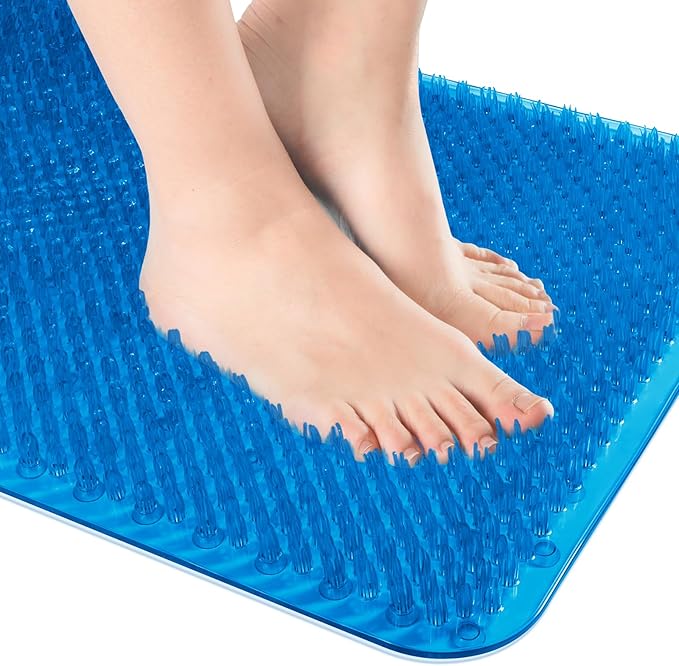 OTHWAY Non Slip Grassy Bathtub Mat : 25.6X13.4 inches Sturdy But Soft Bath Mat_Quick Drain Shower Floor Mat with Soft Bristles for Scrubbing Feet (Dark Blue)