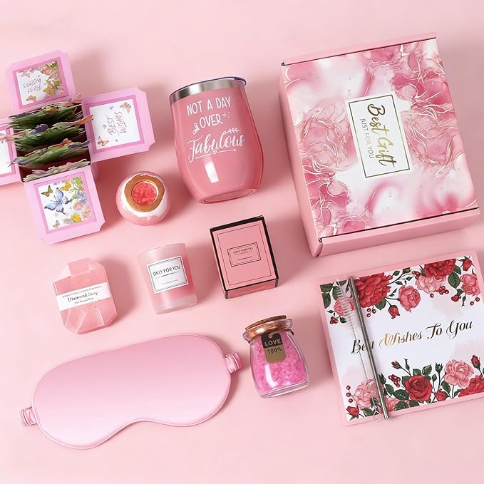 Spa Gift Basket with Bath Essentials- Pink Rose Relaxation Kit Set, Spa Items Box for Christmas Bosses day Holiday Bithday Thanksgiving Women, Wife, Mom, Sister, Girlfriend