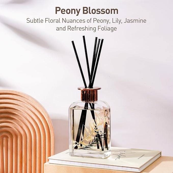 Peony Blossom Botanical Essential Oil Reed Diffuser Set/6.7oz/Peony, Ruscus, and Hydrangea/Decorative Air Freshener/Home, Office, Room Décor/Aromatherapy Gift/Home Fragrance