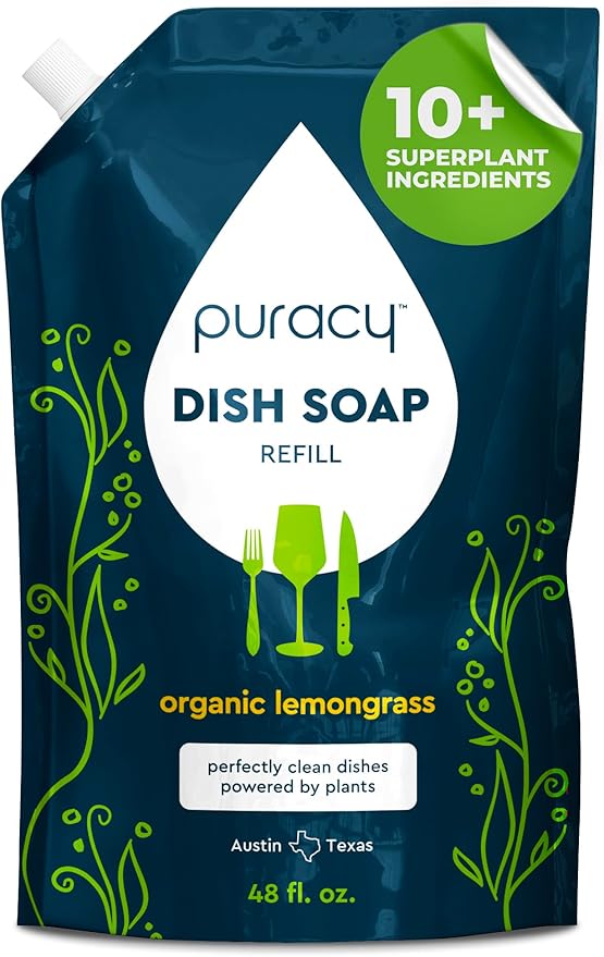 Puracy Natural Dish Soap Refill - Skin-Softening Plant-Based Liquid Dishwashing Detergent Soap, Clean-Rinsing Water-Sheeting Formula (Organic Lemongrass, 48 fl oz)