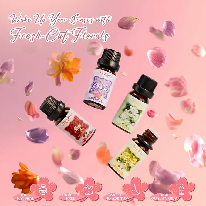 SALKING Floral Essential Oils Set, Premium Pure and Natural Essential Oils, Fragrance Oil Scented Oils for Oil Diffusers 6 x 10 ML - Lavender, Rose, Cherry Blossom, Ylang Ylang, Gardenia, Chamomile