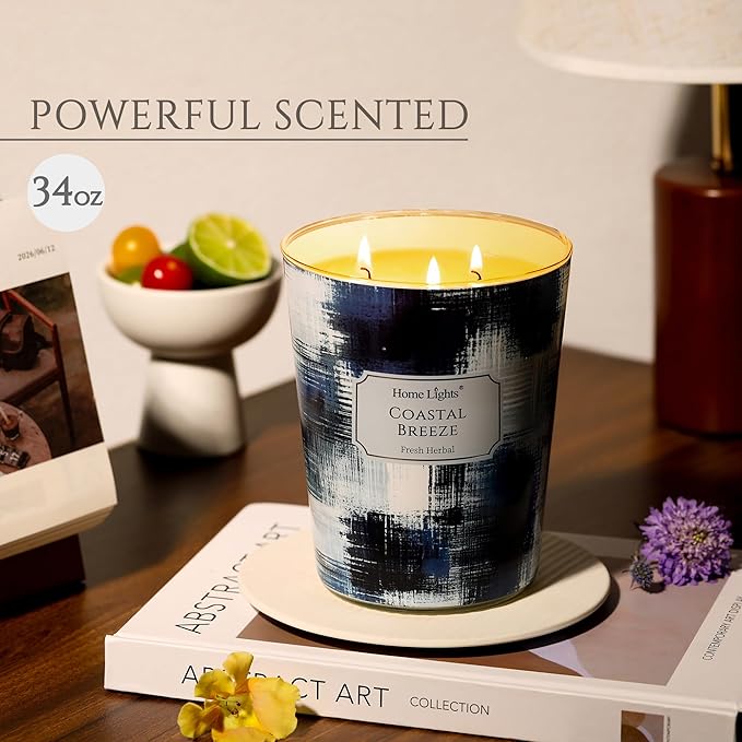 HomeLights Large jar Candle | 3-Wick Long-Lasting Scented Candles, 34oz Natural Soy Wax Candle for Home Scented, Scandinavian Minimalist Design Gifts for Women & Men, Coastal Breeze