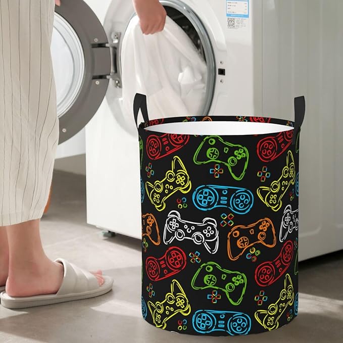 Colorful Game Joystick Silhouettes Laundry Hamper Bag With Waterproof Liner - Round Laundry Basket Foldable Clothes Storage Organizer For Bathroom Bedroom Nursery Dorm, M-19.6"X 15.7"