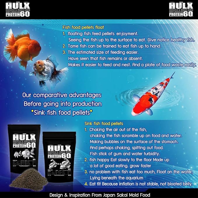 HULX Goldfish Food Sinking Pellets for Big Muscle & Mass Weight Gain, Whey Mixed High Protein 60% Fish Food Growth Fast Formula 1.32 Lb.(600 Gram.) 1mm, Healthy, Color Enhancing Clear Water Fish Feed
