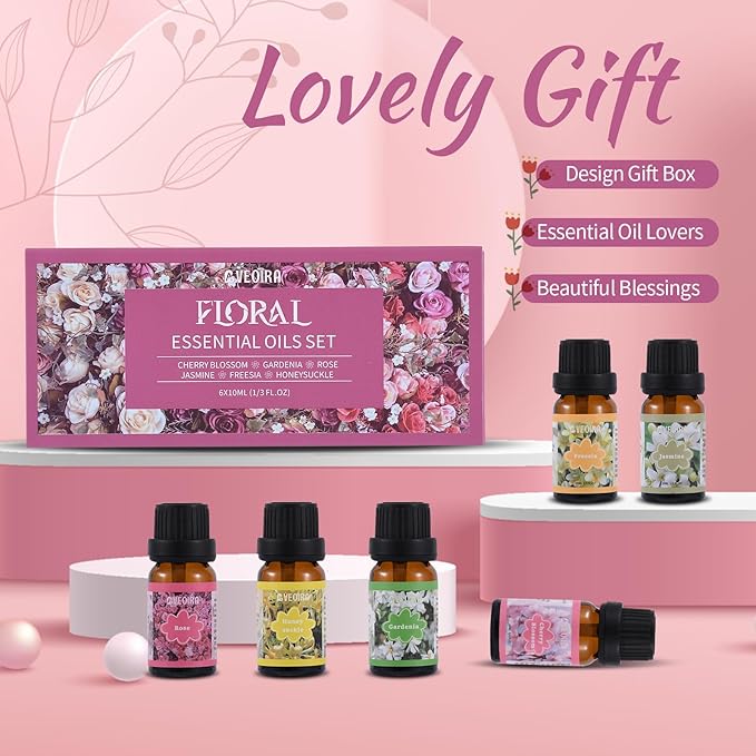 Floral Fragrance Oils Set, Premium Essential Oils Set for Diffuser, Candle, Soap Making Scented Oils, Cherry Blossom, Jasmine, Freesia, Honeysuckle, Rose, Gardenia, 6x10ml
