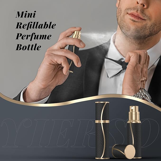 10ml Perfume Travel Refillable Atomizer,Genuine Leather Bottom Filling Perfumes Bottle,Mini Fragrances Dispenser,Portable Cologne Sprayer Pocket Size for Plane Trip Gift 0.34oz (Black)