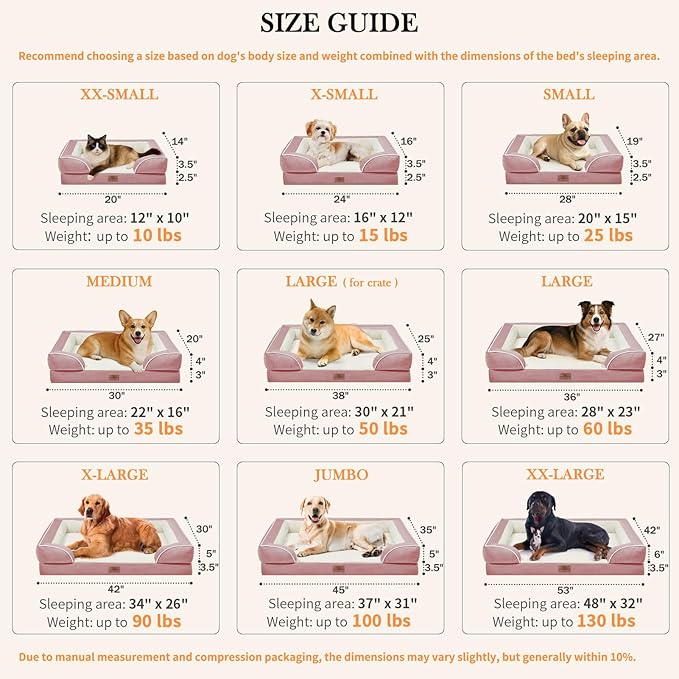 Comfort Expression Orthopedic Dog Bed for Extra Large Dogs 53x42 Inch, Waterproof Supportive Egg Crate Foam XXL Pet Bed with Removable Bolsters, Dog Couch with Washable Cover & Non-Slip Bottom, Pink