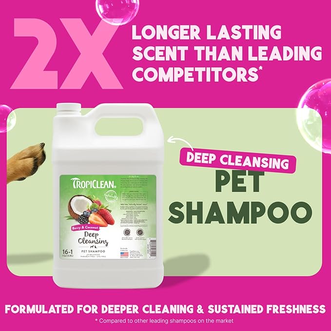 TropiClean Deodorizing Dog Shampoo for Smelly Pets, Professional Dog Shampoo, Long Lasting Odor Control, Puppy Safe, USA Made, Berry Scent, 1 Gal