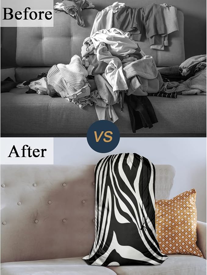 Swono Zebra Stripes Laundry Bag Dirty Clothes Organizer Zebra Print Animal Pattern Skin Extra Large Heavy Duty for Camp Home Dorm Room Essentials for Men Women, Oxford Cloth, Black White
