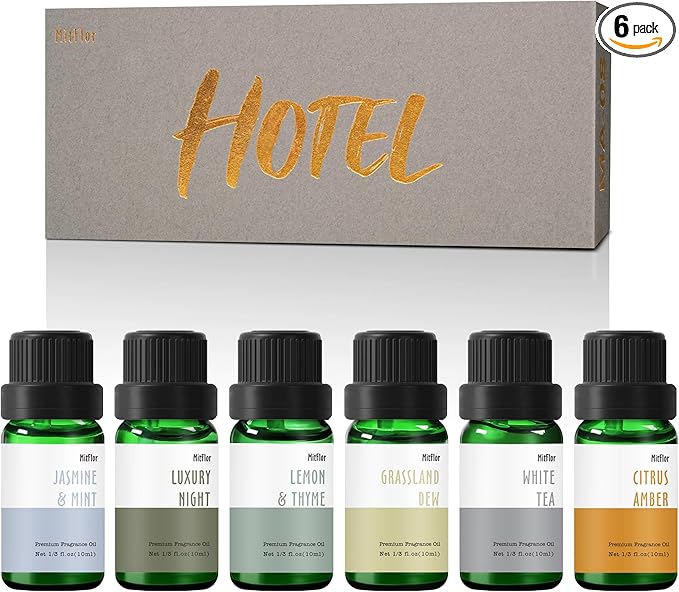 Hotel Fragrance Oils, MitFlor Diffuser Oil Scents for Home, Office, Fragrance Oil for Candle Soap Making, Aromatherapy Essential Oils - 6x10ml, Lemon & Thyme, Luxury Night, White Tea and More