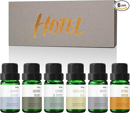 Hotel Fragrance Oils, MitFlor Diffuser Oil Scents for Home, Office, Fragrance Oil for Candle Soap Making, Aromatherapy Essential Oils - 6x10ml, Lemon & Thyme, Luxury Night, White Tea and More