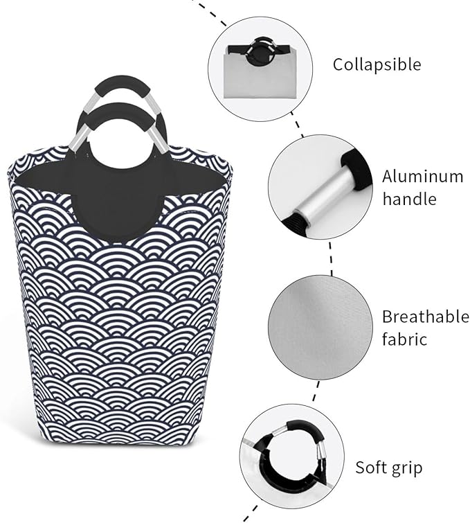 Blue Waves Laundry Basket Navyblue Hamper Collapsible Laundry Baskets with Handle Laundry Bag Dirty Clothes Hamper for Dorm Family Bathroom Decor Storage 50L