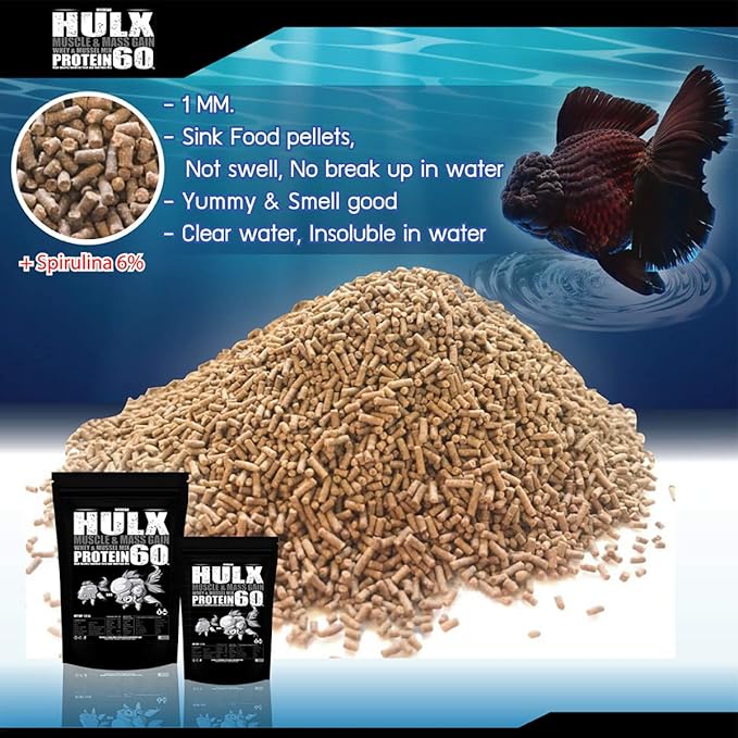 HULX Goldfish Food Sinking Pellets for Big Muscle & Mass Weight Gain, Whey Mixed High Protein 60% Fish Food Growth Fast Formula 1.32 Lb.(600 Gram.) 1mm, Healthy, Color Enhancing Clear Water Fish Feed