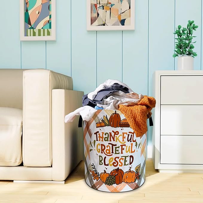 Thankful Grateful Blessed Laundry Basket Oxford Cloth Laundry Hamper With Handle Foldable Portable Clothes Storage Basket 18.9 X 16.5 Inch Storage Bag For Laundry Room/Bathroom/Bedroom/Dormitories