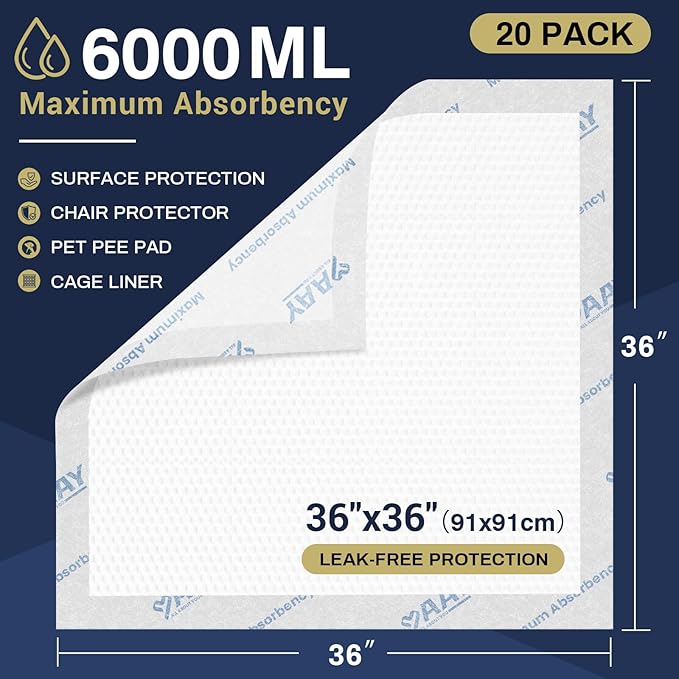 AAY Heavy Duty Chucks Pads 36"x36"Disposable Bed Pads(20 Count) for Incontinence Adult, 7-Layer Ultra Absorbent, Leakproof, Breathable & Comfortable for Adults, Babies and Pets