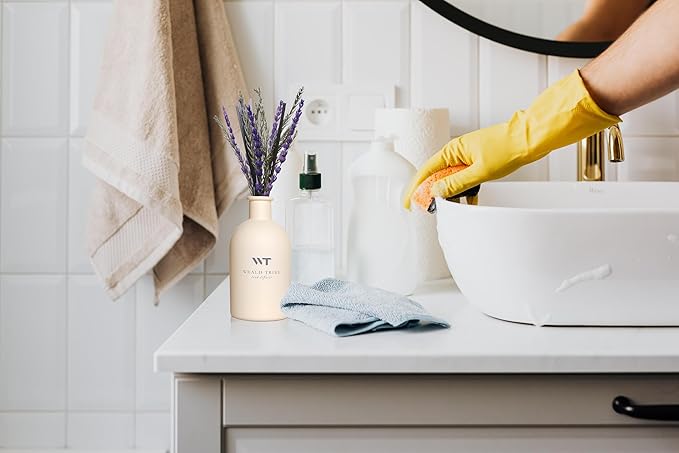 WEALD TRIBE Flower Reed Diffuser French Black Juniper & Cedar Scent for Bathroom Accessories Boho Shelf Decor & Air Fresheners, Defusers Set with 5.1 fl oz Essential Oils, House Office Decor