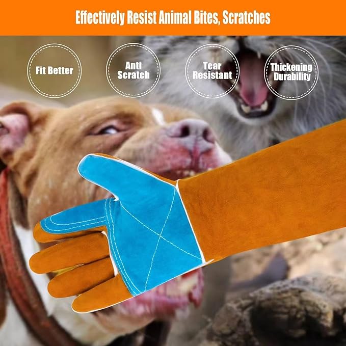 17.7In Cat Gloves, Animal Handling Gloves Bite Proof with Double Leather Pet Grooming for Cats & Dogs