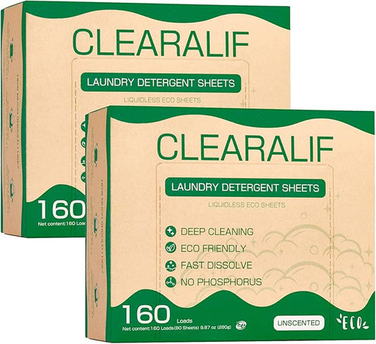 CLEARALIF Laundry Detergent Sheets up to 320 Loads (160 sheets), Unscented, Laundry Detergent Strips Eco Friendly & Hypoallergenic (160 Count,Pack of 2)