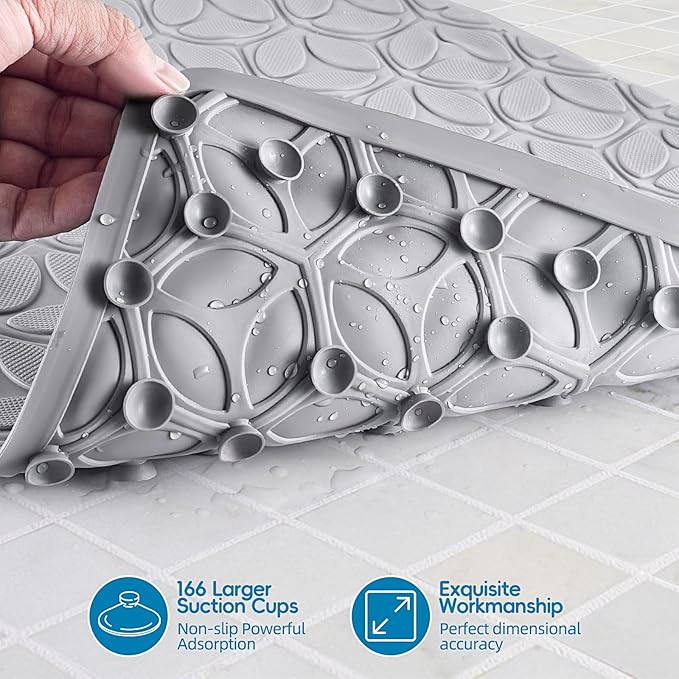 WRISIN Bathtub Mat Non Slip with Suction Cups - 100% Rubber Bathroom Mat Textured for Bath Tub Shower Safety - Soft on Touch - BPA/PVC Free - Pet Dog Bath Mat - Machine Washable - 16 × 28 Inch（Gray）