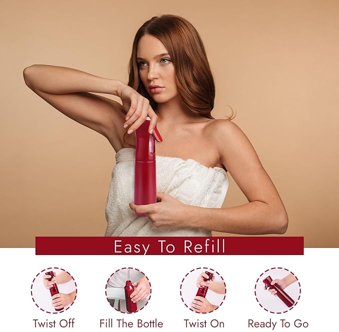 VIGOR PATH Continuous Spray Bottle for Hair – Fine Mist Mister for Hairstyling, Cleaning, Plants, Pets, Barbers, Salons, and Essential Oil Applications (300ml/10.1 oz) Red