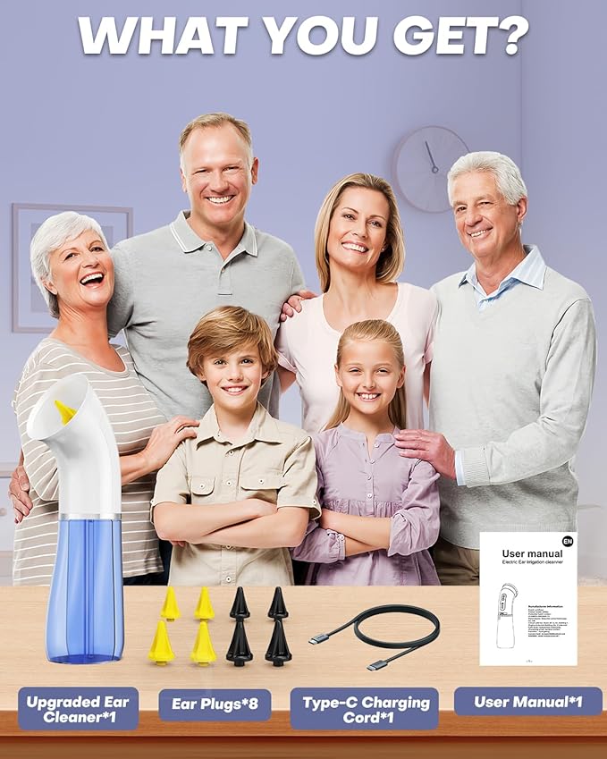 Upgraded Ear Wax Removal Kit, One Piece Waste Tank - Ear Irrigation Flushing System with 4 Modes & 8 Nozzles - IPX7, Safe and Effective Electric Ear Cleaner for Family Use, Type-C (White)