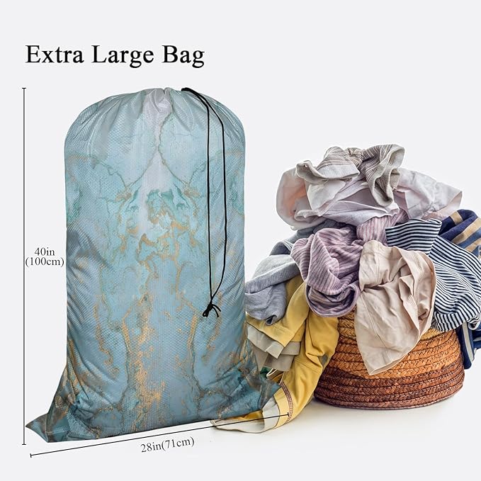 Swono Marble Stone Laundry Bag with Drawstring Closure, Foldable, Compact, Lightweight, 28" X 40" Blue Golden Liquid Lines Packable Dirty Clothes Pouch for College Dorm, Camp, Road Trip, Cruise or Gym