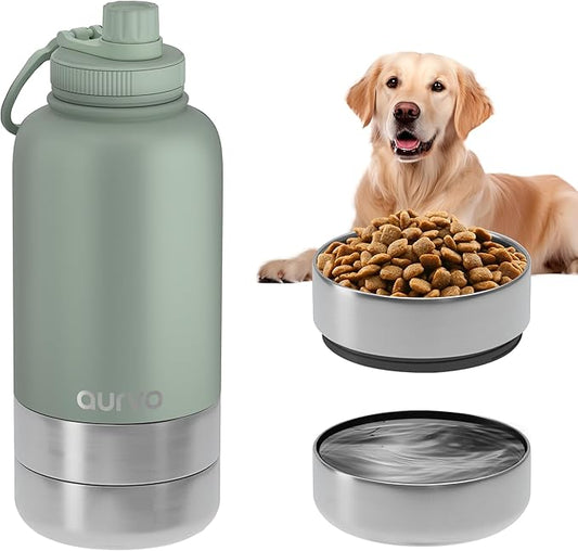 32oz Dog Water Bottle with Bowls - Leakproof Insulated Stainless Steel, Portable Travel Bottle for Hiking, Camping, Outdoor Use (Muted Olive, 32oz)