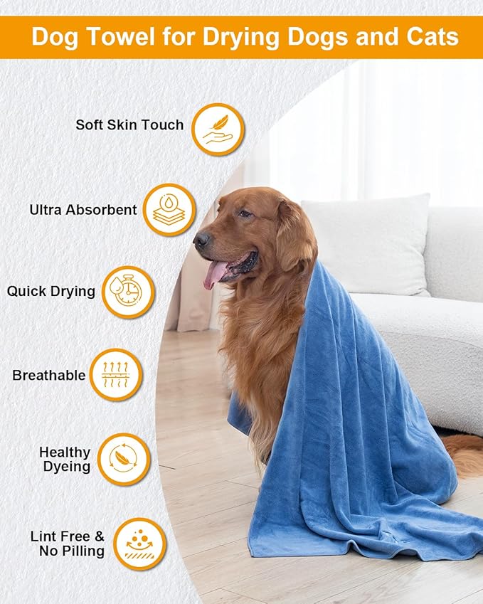 2-PCS Fast Drying Dog Towels - 56 x 28 Inch Ultra Soft & Absorbent Large Dog Towel with 30 x 14 Inch Daily Use Paw Towel - 100% Microfiber Pet Bath Grooming Towels for Dogs Cats, Blue