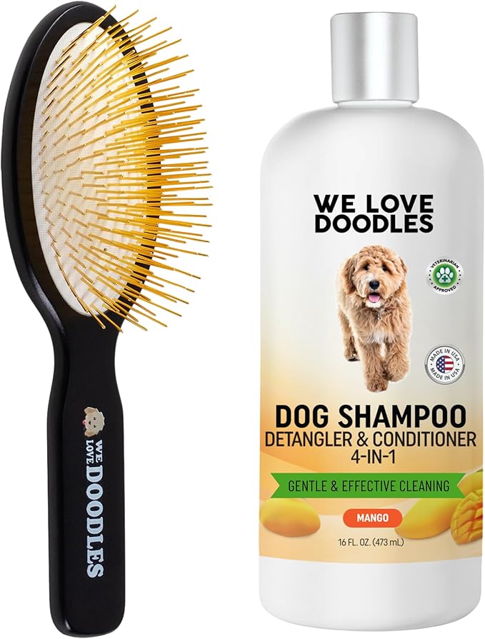 We Love Doodles Dog Shampoo (Mango) and Pin Dog Brush (Bundle) - Pet Shampoo for Matted Hair - Sensitive Skin Shampoo for Puppies - Pin Dog Brush for Shedding & Removing Loose Fur - Made in The USA
