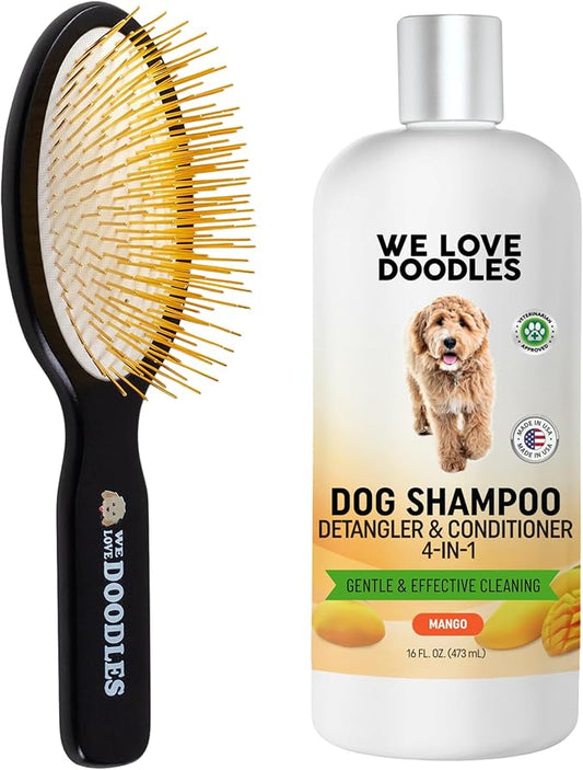 We Love Doodles Dog Shampoo (Mango) and Pin Dog Brush (Bundle) - Pet Shampoo for Matted Hair - Sensitive Skin Shampoo for Puppies - Pin Dog Brush for Shedding & Removing Loose Fur - Made in The USA