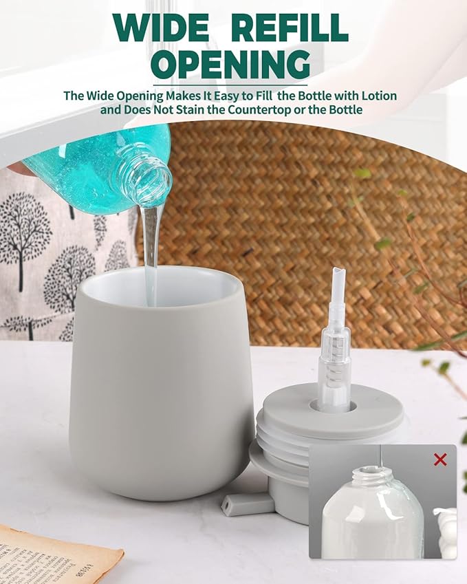 Bosilunlife Soap Dispenser Bathroom - Light Grey Ceramic Soap Dispenser Lotion Pump Dish Soap Dispenser for Kitchen 12oz Refillable Liquid Hand Wash Dispenser for Bathroom (Rubber Paint)