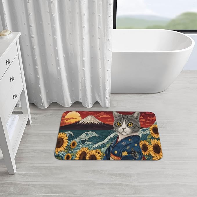 Japanese Waves Cat Bath mats Quick Dry Absorbent Bath Rugs Rubber Non Slip Bath Mat for Bathroom Floor Tub Shower Sink 16"×24"