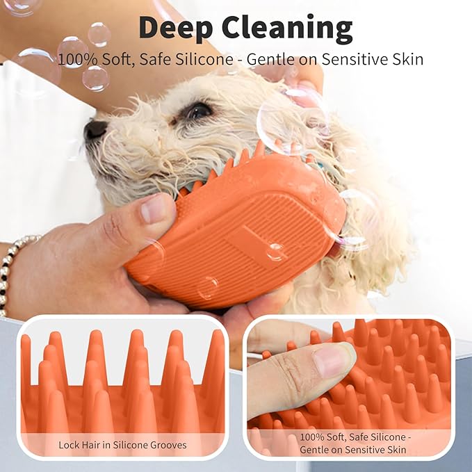 Bath Brushes for Pet Grooming & Massage,Rubber Scrubbing Brush for Dogs,Pet Silicone Shampoo Brush,Ideal for Long & Short Haired Dogs and Cats, Essential Puppy Accessory,Orange