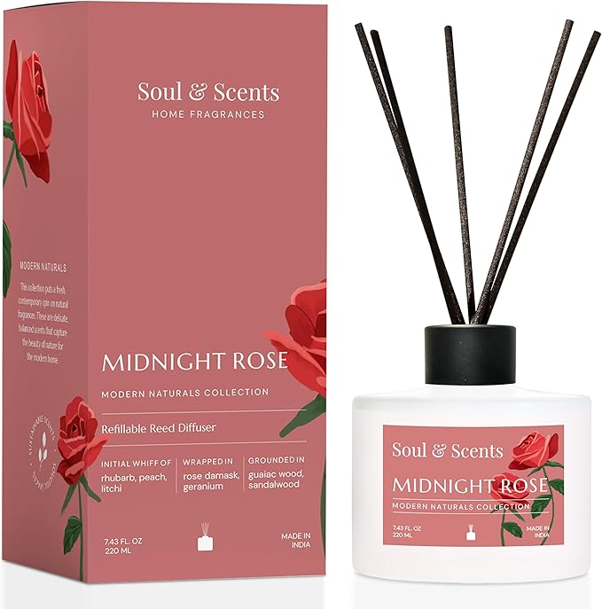 Soul & Scents Reed Diffuser Set – Midnight Rose | 7.43 oz Refillable Scented Oil with 6 Fiber Sticks | Long-Lasting Home Fragrance & Air Freshener for Bedroom, Bathroom, Office | Gift & Décor Piece