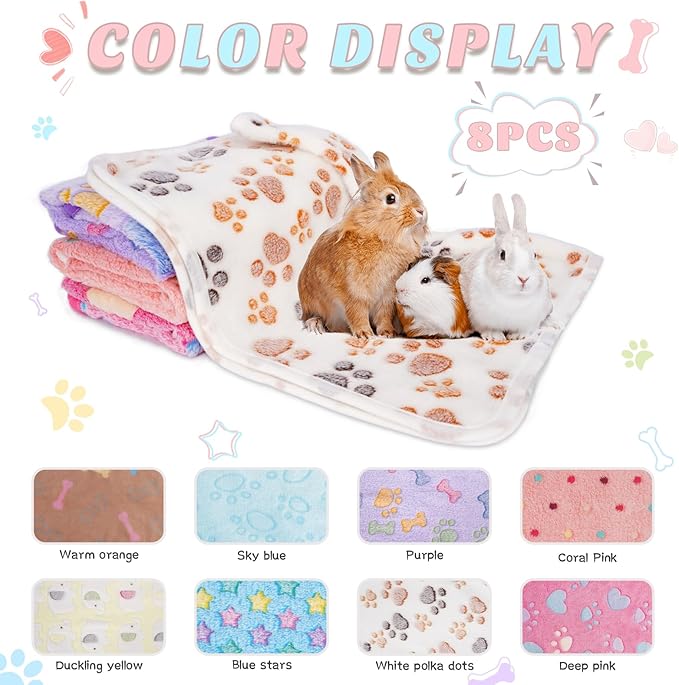 8 Pack Guinea Pig Cage Liner, Washable Guinea Pig Fleece Blankets Beding Accessories, Flannel Throw Warm Sleep Mat, Pet Pee Pads for Small Animal Hamster Rabbit Puppy Cat (Light Color, 24x16 Inch)