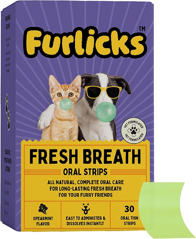 Furlicks Fresh Breath Oral Strips for Dogs & Cats | Natural Spearmint & Thymol for Easy and Convenient, All-Natural Oral Care (30 Oral Dissolving Strips)