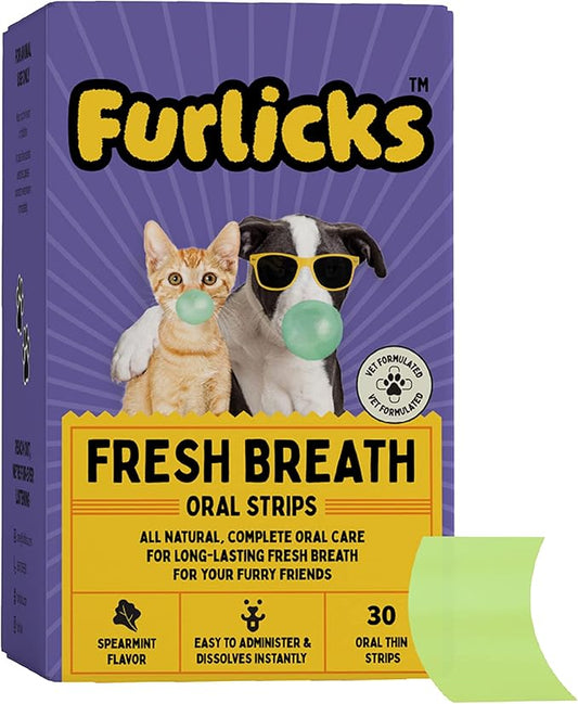 Furlicks Fresh Breath Oral Strips for Dogs & Cats | Natural Spearmint & Thymol for Easy and Convenient, All-Natural Oral Care (30 Oral Dissolving Strips)